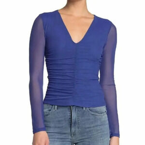 Ten Sixty Sherman V-Neck Ruched Mesh Blouse Blue Size L